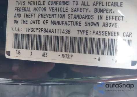 2010 Honda Accord 2.4 Ex-L z USA, uszkodzony, nr VIN 1HGCP2F84AA111438
